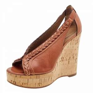 Chloe Brown Leather Braided Detail Cork Platform Wedge Sandals Size 37