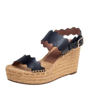 Chloe Black Leather Lauren Wedge Espadrille Sandals Size 39