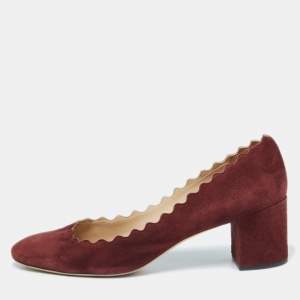 Pre Owned Chloe Burgundy Suede Lauren Scallop Trim Block Heel Pumps Size 40