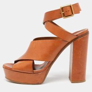 Chloe Brown Leather Platform Ankle-Wrap Sandals Size 39