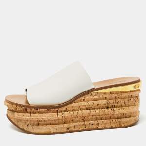 Chloe White Leather Cork Wedge  Sandals Size 39.5