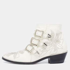 Pre Owned Chloe Cream Studded Leather Ankle  Boots Size 37