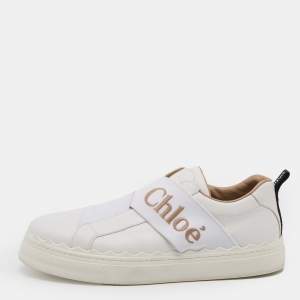 Pre Owned Chloé White Leather Lauren Logo Embroidered Slip On Sneakers Size 39