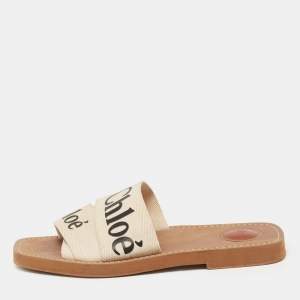 Pre Owned Chloe Off White Canvas Logo Ribbon Woody Flat Sandals Size 38