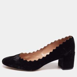 Pre Owned Chloe Black Velvet Lauren Scallop Trim Block Heel Pumps Size 38