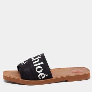 Pre Owned Chloe Black Canvas Logo Ribbon Woody Flat Sandals Size 41