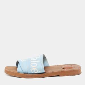 Chloe Blue Canvas Logo Ribbon Woody Flat Slide Sandals Size 37