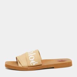 Chloe Beige Canvas Woody Logo Flat Slides Size 41