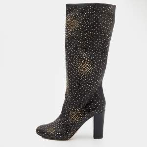 Pre Owned Chloe Black Leather Embellished Knee Length Boots Size 37