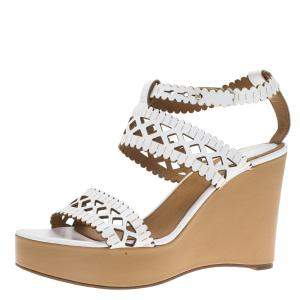 Pre Owned Chloe White Cutout Leather Platform Wedge Sandals Size 40
