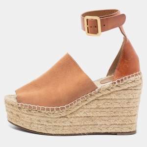 Pre Owned Chloe Tan Leather and Suede Peep-Toe Espadrille Platform Wedge Sandals Size 39