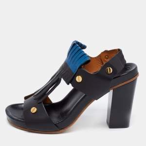 Chloe Black/Blue Leather Fringes Block Heel Sandals Size 39.5