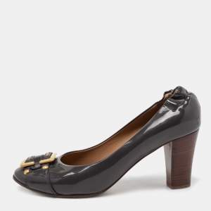 Chloe Grey Patent Leather Gold Buckle Block Heel Pumps Size 38.5