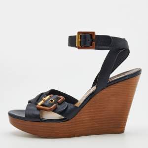 Chloe Navy Blue Leather Crisscross Ankle-Strap Wooden Wedge Sandals Size 39.5
