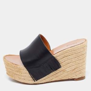 Chloe Black Leather Wedge Espadrille Platform Sandals Size 38