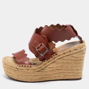 Pre Owned Chloe Brown Leather Lauren Wedge Espadrille Platform Sandals Size 39