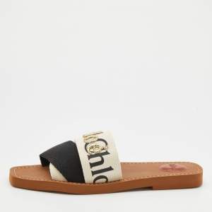 Chloe Cream/Black Nylon Embroidered Woody Flat Sandals Size 39