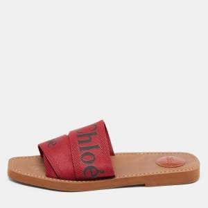 Pre Owned Chloe Red Logo Canvas Woody Flat Slides Size 40 