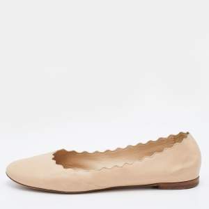 Pre Owned Chloe Beige Leather Lauren Scalloped Ballet Flats Size 36.5