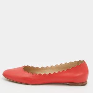 Chloe Coral Red Leather Lauren Scalloped Ballet Flats Size 36.5