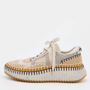 Pre Owned Chloe Multicolor Knit Fabric and Suede Nama Low Top Sneakers Size 38