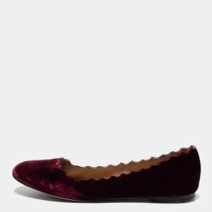 Pre Owned Chloe Burgundy Velvet Scalloped Edge Ballerina Ballet Flats Size 41