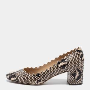 Pre Owned Chloe Beige Python Embossed Leather Block Heel Pumps Size 37