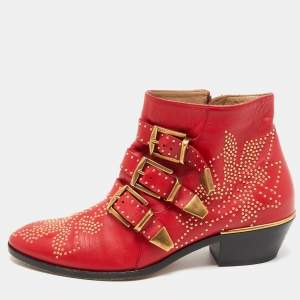 Pre Owned Chloe Red Leather Susanna Studded Ankle Length Boots Size 37.5