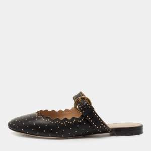 Pre Owned Chloe Black Studded Leather Round Toe Flat Mules Size 36