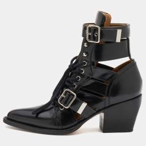 Pre Owned Chloe Black Leather Rylee Buckle Detail Ankle Boots Size 40