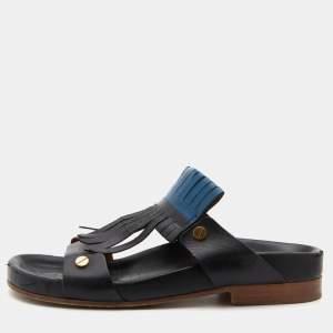 Chloe Black/Blue Leather Fringe Detail Flat Sandals Size 39