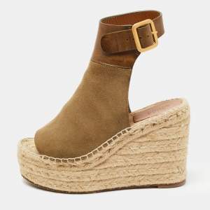 Chloe Two Tone Leather and Suede Open Toe Espadrille Wedge Platform Ankle Strap Sandals Size 36