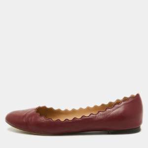 Pre Owned Chloe Burgundy Leather Scalloped Accent Ballet Flats Size 38
