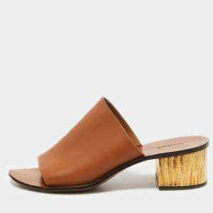 Chloe Brown Leather Block Heel Open Toe Mules Sandals Size 39