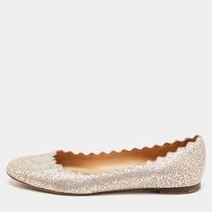 Chloe Silver Texture Leather Laurena Scalloped Ballet Flats Size 40