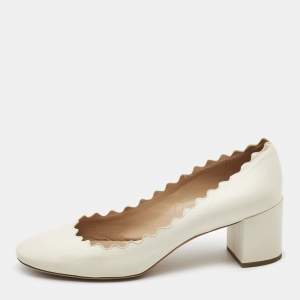 Pre Owned Chloe Cream Scalloped Leather Lauren Block Heel Pumps Size 40.5