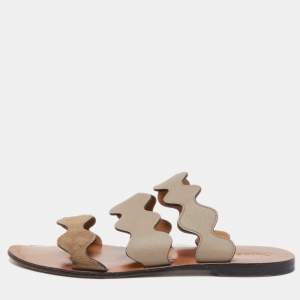 Chloe Grey  Leather and Suede Lauren Wavy Three Strap Flat Slides Size 37.5