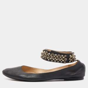 Chloe Black Leather Crystal Embellished Ankle Cuff Ballet Flats Size 40