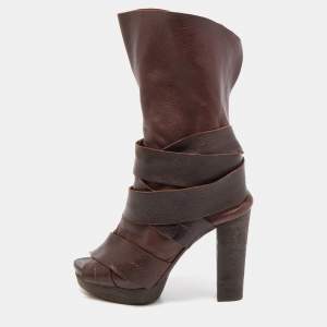 Chloe Brown Leather Ankle Wrap Ankle Boots Size 38.5