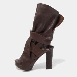 Chloe Brown Leather Ankle Wrap Ankle Boots Size 38