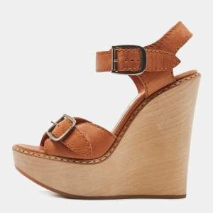 Chloe Tan Leather Wedge Platform Ankle Strap Sandals Size 37.5