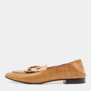 Chloe Tan Croc Embossed Leather C Logo Loafers Size 40