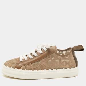Chloe Brown Lace and Leather Lauren Sneakers Size 39