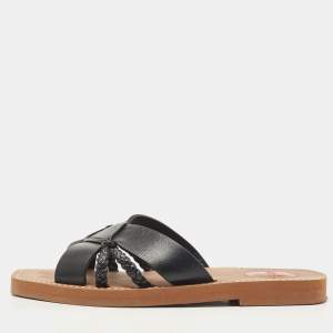 Chloe Black Leather Cross Strap Woody Flat Slides Size 36