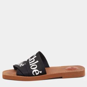 Pre Owned Chloe Black Canvas Embroidered Logo Woody Flat Slides Size 39