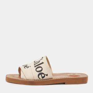 Chloé Off White Logo Canvas Woody Flat Slides Size 36