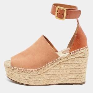 Chloe Tan Leather Wedge Platform Ankle Strap Sandals Size 39