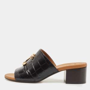 Chloe Black Croc Embossed Leather  C Logo Mules Size 37  