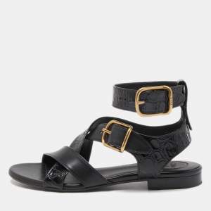 Chloe Black Croc Embossed and Leather Ankle Strap Flats Size 39