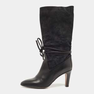Chloe Black Suede and Leather Tie Mild Calf Boots Size 41